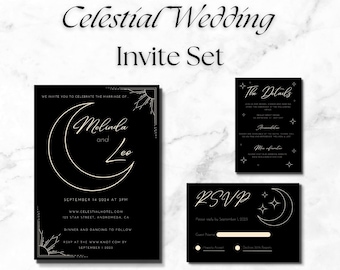 Puede incluir: Conjunto de invitaciones de boda en blanco y negro con un tema celestial. La invitación principal presenta una luna creciente y un sol con el texto "Melinda y Leo" y los detalles de la boda. La tarjeta RSVP tiene una luna creciente con estrellas y el texto "RSVP". La tarjeta de detalles tiene el texto "The Details" y una lista de los detalles de la boda.