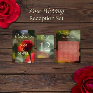 Ensemble de modèles de table de mariage roses - Modèle canva modifiable pour un mariage sur le thème des roses, comprend une plaque de bienvenue, un numéro de carte et un plan de salle