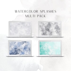 May include: Four laptop screens displaying different watercolor splash backgrounds. The backgrounds are gray, blue, green, and white.