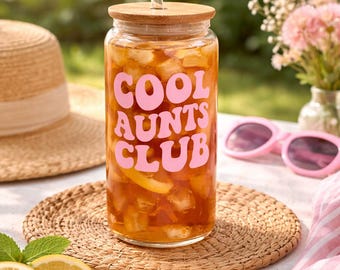 Trinkglas mit Bambusdeckel & Glasstrohhalm | Cool Aunts Club Geschenk für Tante | Iced Coffee und Eistee Glas | Sommer Trinkglas