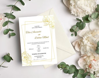 Luxuriöse Moderne Hochzeitseinladungsvorlage | Blumen Gold Rahmen Border Invite | Druckbare Hochzeitseinladung | Bearbeitbare Hochzeitseinladung