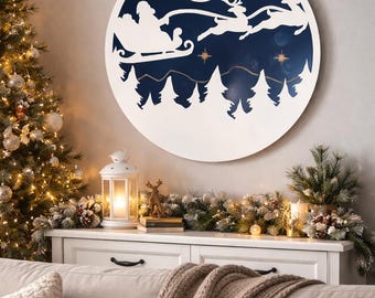 Metal Christmas Metal Wall Art - 3D Reindeer and Santa Sleigh Sign, Holiday Night Sky Moon Decor, Powder Coated Steel Winter Home Decoration