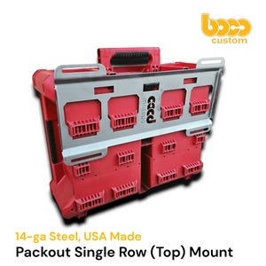 May include: A red plastic storage box with a silver 14-gauge steel single row top mount attached to the front. The metal mount features rectangular cutouts and the text "boco custom" printed in black. The storage box has a black handle on top.