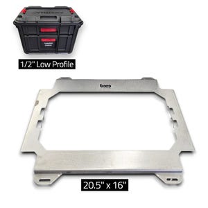 May include: A black Husky tool box with red accents labeled 1/2" Low Profile and a flat, rectangular silver metal frame measuring 20.5" x 16" with a central cutout and the text "bood" printed on the top edge of the metal frame.