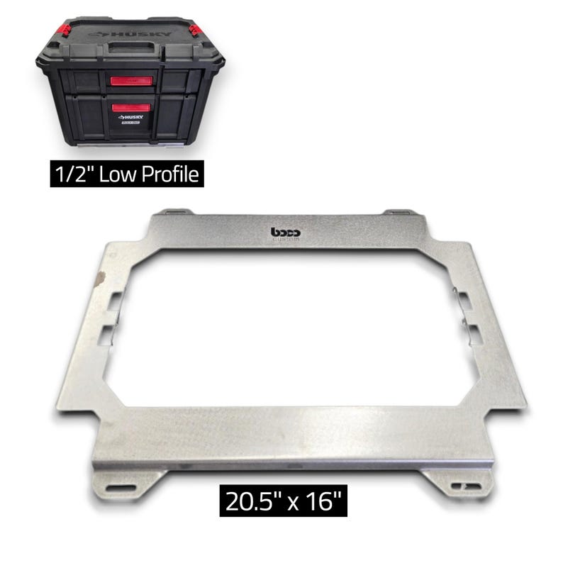 May include: A black Husky tool box with red accents labeled 1/2" Low Profile and a flat, rectangular silver metal frame measuring 20.5" x 16" with a central cutout and the text "bood" printed on the top edge of the metal frame.