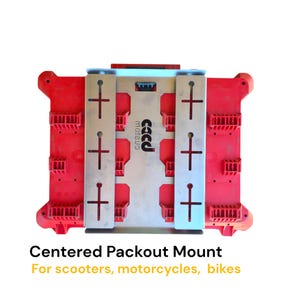 Könnte beinhalten: Ein roter und silberner Centered Packout Mount für Roller, Motorräder und Fahrräder. Die Halterung hat einen rechteckigen roten Rahmen mit silbernen Metallhalterungen und dem Text "caco" in der Mitte. Der Text "Centered Packout Mount" steht unten.