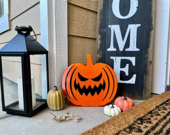 Metal Pumpkin Yard Art Set of 3 - Halloween Jack O Lantern Outdoor Decor, Steel Autumn Lawn Stakes