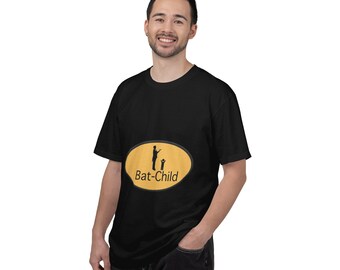 Bat-Child logo T-shirt | Bat silhouette parent and child, oval emblem