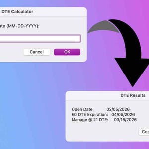 Puede incluir: Captura de pantalla de una interfaz de calculadora DTE con campos de entrada y resultados. La calculadora muestra una fecha de apertura del 02/05/2026, un vencimiento de 60 DTE el 04/06/2026 y una fecha de gestión el 16/03/2026. La interfaz tiene un esquema de color púrpura y blanco.