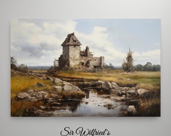 Castle Beside the Stream, Dilapidated Castle in the Meadows | Landscape Oil Painting, Vintage Landscape Art | Wall Digital Download