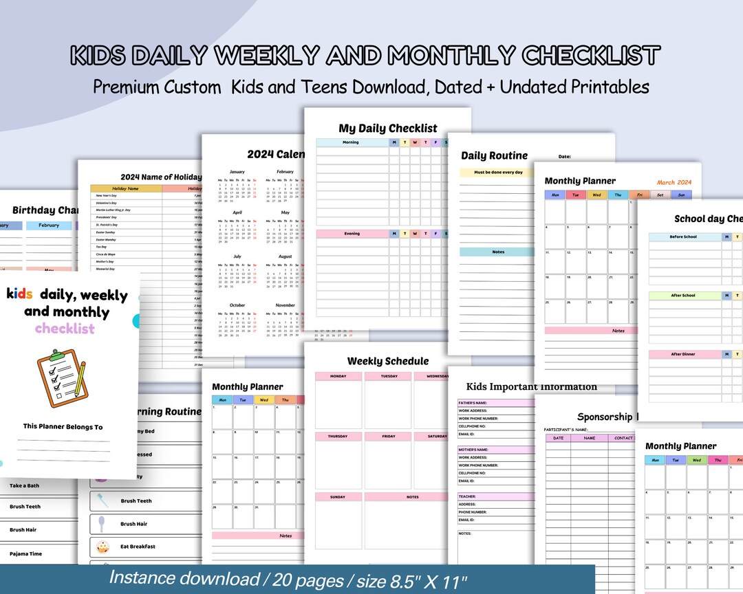 Kids Daily Weekly Monthly Checklist, Printable Planner, Children's ...