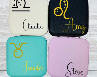 Personalisierte Sternzeichen Vegan Leder Schmuckschatulle: Gravur individueller Name