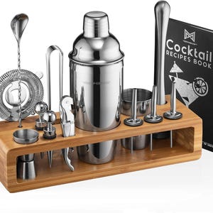 23-Piece Bartender Kit: Stainless Steel Cocktail Shaker Set with Bamboo Stand