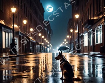 Unieke digitale AI-kunst: hond in de regen - abstract en uniek
