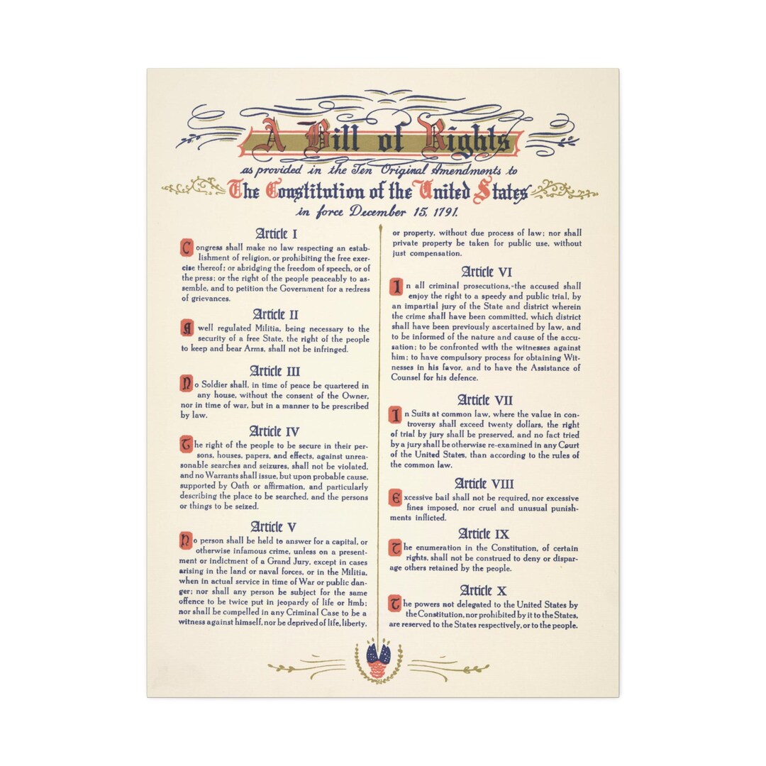 US Bill of Rights Canvas Stretched, 1.5'' USA Historical Document 30x40 ...