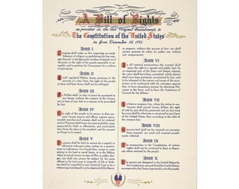 May include: A vintage-style illustration of the Bill of Rights, the first ten amendments to the United States Constitution. The document is written in a decorative script and features a red, white, and blue color scheme.