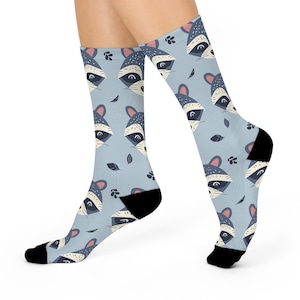Light Blue Raccoon Patterned Cushioned Crew Socks, Cute Animal Print Footwear, Cozy Winter Sock Gift, Comfy Lounge Lounge Stocking Stuffer,