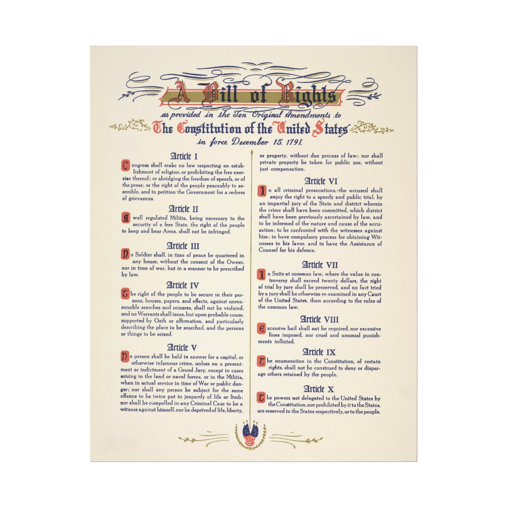 US Bill of Rights Poster USA Historical Document 8"x10" - 11"x14" 1776 ...
