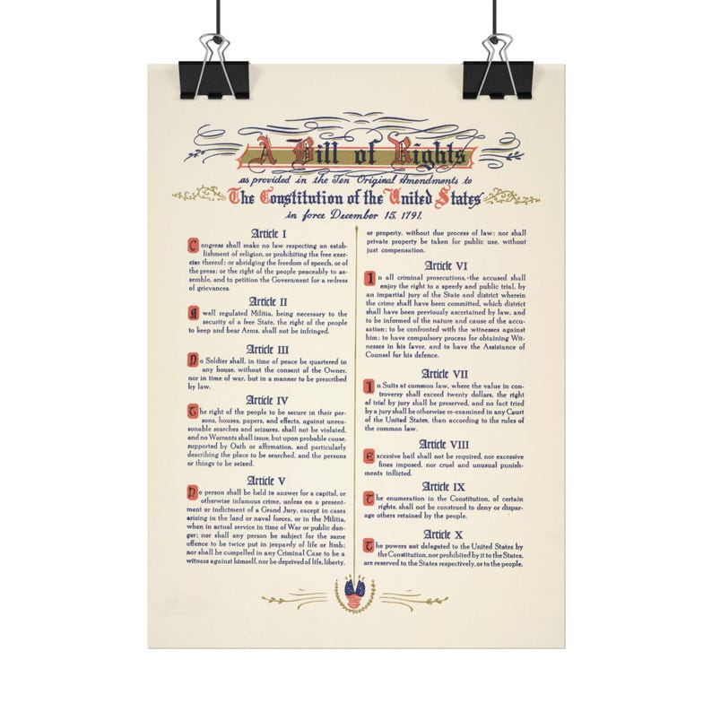 US Bill of Rights Poster USA Historical Document 5"x7" - 28"x40" 1776 ...