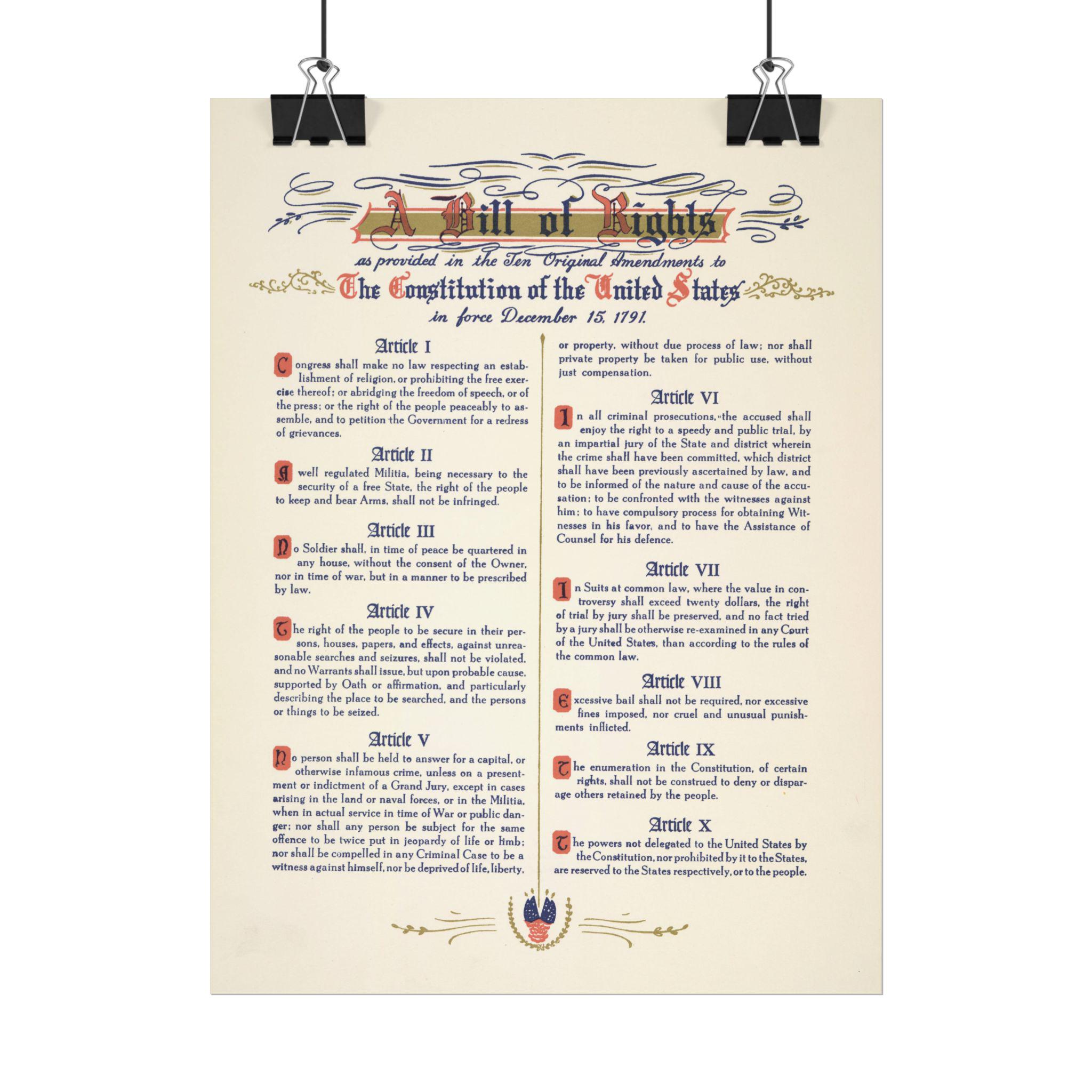 US Bill of Rights Poster USA Historical Document 5"x7" - 28"x40" 1776 ...
