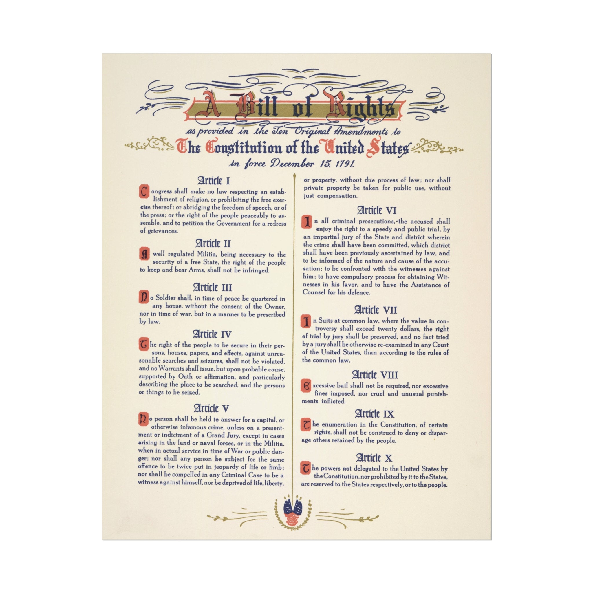 US Bill of Rights Poster USA Historical Document 8"x10" - 11"x14" 1776 ...