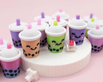 Cute Boba Fidget Clicker Keychain, 3D Printed Clicky Fidgets with Keyboard Switches, Fun Milk Tea Shaped Bag Charm, Gift for School Backpack