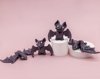 Little Black Bat Fidget | 3D Printed Articulating Fruit Bat and Vampire Bat Figurines | Cute Non-Candy Gifts for Halloween