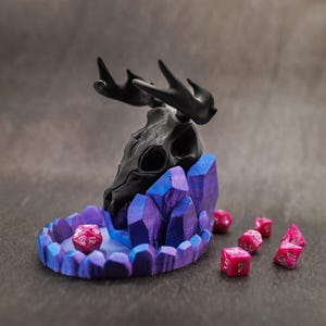 3D Printed Deer Skull Dice Tower: Black Skull, Blue-Purple Base