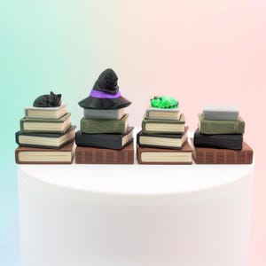 May include: Miniature stacks of books with decorative toppers. A black cat, a witch hat with a purple band, and a green frog rest atop the stacks. The books are brown, black, and olive green, creating a whimsical, fantasy-themed display.