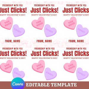 May include: Printable Valentine's Day card featuring a pink and purple heart candy with the text "You Rock" and "Sweet" on them. The card has the text "Friendship with you Just Clicks! Happy Valentine's Day!" and "From, Name".