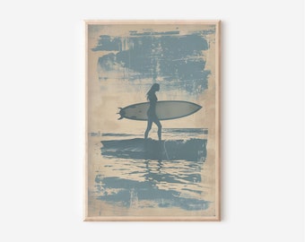Vintage Style Woman Surfer Art Print, Beach Wall Decor