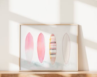 Pink Watercolor Surfboard Print, Beach Wall Art