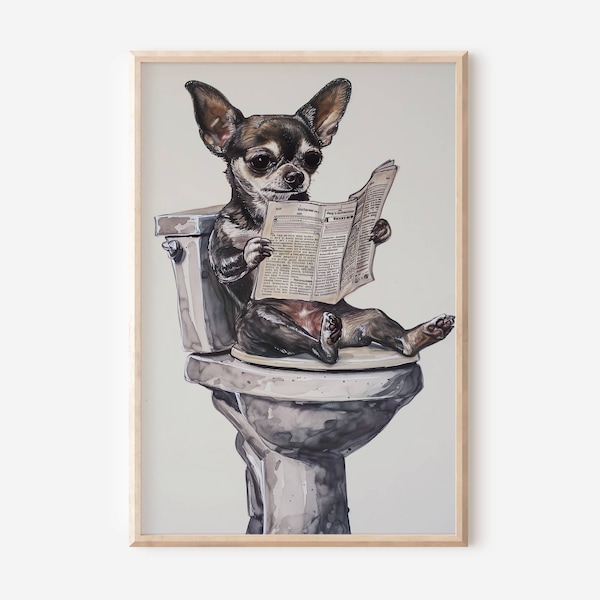 Galerie d'art murale chihuahua rigolote pour salle de bain Décoration murale pour la maison Idée cadeau Chihuahua aux toilettes lisant le journal Art