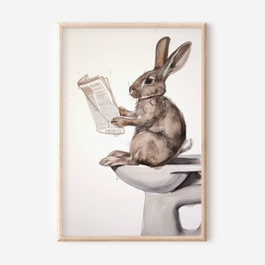 Funny Rabbit Bathroom Wall Art Gallery Wall Decor for Home Gift Idea Bunny on the toilet reading newspaper Art