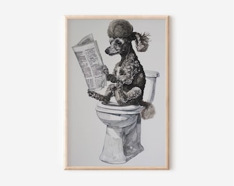 May include: Watercolor print of a black and white poodle sitting on a toilet, reading a newspaper. The artwork is framed in a light wood frame. The poodle has a distinctive hairstyle and is the focal point of the image.