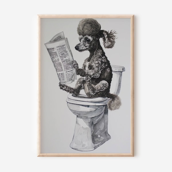 Funny Poodle Bathroom Wall Art Gallery Wall Decor for Home Gift Idea Black Parti Poodle on the toilet reading newspaper Art