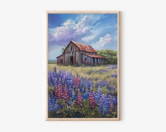 May include: A framed print of a rural landscape featuring a weathered barn with a rusty red roof. The foreground is filled with vibrant purple and red wildflowers, under a blue sky with fluffy clouds and birds.