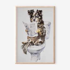 Funny Aussie Bathroom Wall Art Gallery Wall Decor for Home Gift Idea Australian Shepherd on the toilet reading newspaper Art