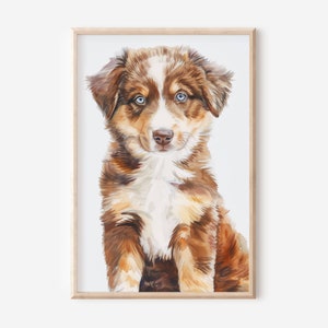 Süßer Aussie Hund Wand Kunst Druck, Galeriewand, Haustier Kunst, Australian Shepherd Aquarell Druck