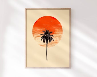 Könnte beinhalten: Ein gerahmter Druck einer Palmen-Silhouette vor einer großen orangefarbenen Sonne. Die Sonne hat eine texturierte, aquarellartige Optik.