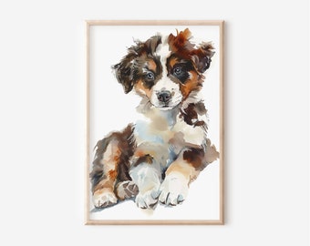 Cute Australian Shepherd Wall Art Print, Gallery Wall, Dog Poster, Aussie Dog Art