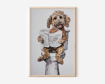 Divertido Golden Doodle Baño Pared Galería de arte Decoración de pared para el hogar Idea de regalo Golden Doodle en el baño leyendo periódico Arte
