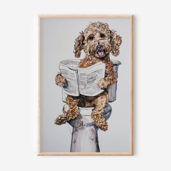 Funny Golden Doodle Bathroom Wall Art Gallery Wall Decor for Home Gift Idea Golden Doodle on the toilet reading newspaper Art