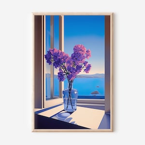 Lila Blumen Seelandschaft Wand Kunst Druck Galerie Wand Küste Wohnkultur Blumen Stillleben Poster Fenster Ansicht Meer Kunstwerk