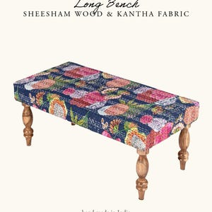 Entryway Bench on Sheesham Wood, Flat Pack, Upholstered Kantha Fabric