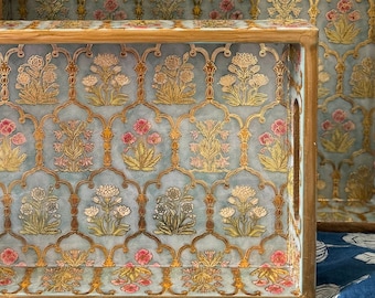 Indian Peacock Print Wood Serving Tray, Luxury Ottoman Tray