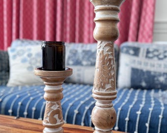 Mango Wood Candle Holder, Long Candle Stand Dining, Set of two wood engraved carved Candle lovers gift, Gifting Housewarming, Made in India
