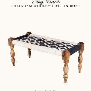 Indian Bench, Sheesham Wood & Cotton Rope- Entryway Seating Black & White