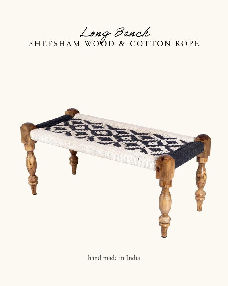 Indian Bench, Sheesham Wood & Cotton Rope- Entryway Seating Black & White