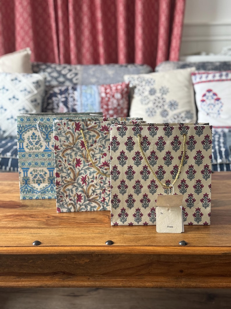 Indian Print Paper Gift Bags: Luxury Party Favor Set of 3 Assorted Square 1